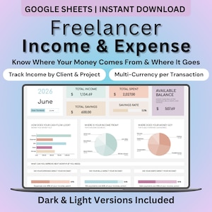 May include: A digital Google Sheets template for freelancer income and expense tracking. The interface displays financial data for June 2026, including total income, expenses, savings, and balance, visualized through bar charts and pie charts.