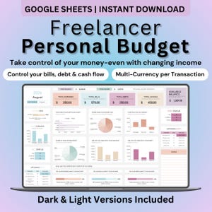May include: A digital Google Sheets personal budget template for freelancers. The interface displays financial data including total expenses, bills, debts, savings, and available balance, with various charts, graphs, and tables for tracking cash flow.