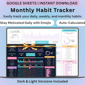 Google Sheets Habit Tracker Dark Light Mode Daily Weekly Monthly Self Improvement Routine