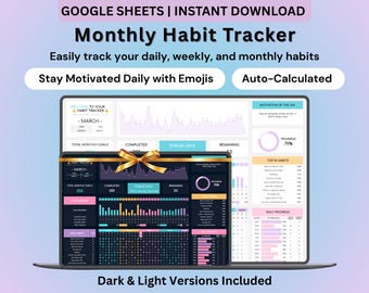Suivi des habitudes de Google Sheets Mode sombre et lumineux Quotidien Hebdomadaire Mensuel Routine d'amélioration personnelle