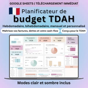 Pode incluir: Um planejador de orçamento TDAH digital para Google Sheets exibido em uma tela de laptop. A interface apresenta gráficos em tons pastéis e tabelas para rastrear receitas, despesas, dívidas e economias, com o texto Planificateur de budget TDAH.