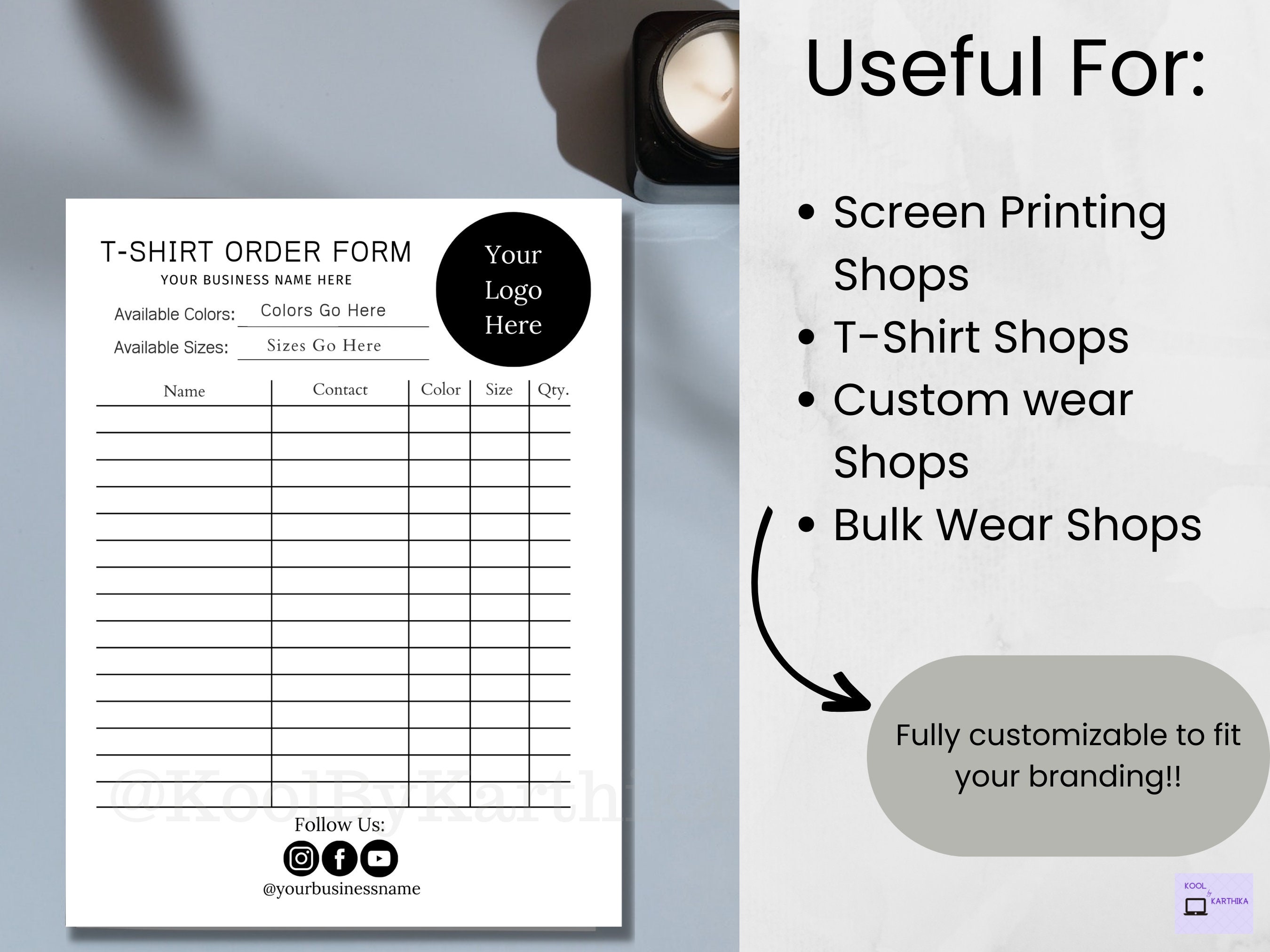Editable T-shirt Order Form Template With Branding, Printable Small ...