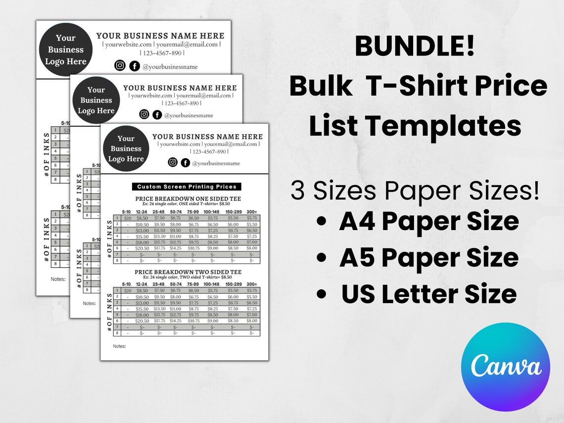Canva Bulk Tshirt Price List Template Editable Canva Etsy