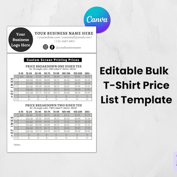 Canva Bulk T-Shirt Price List Template, Editable Canva Template, T-Shirt Price Guide, Price List, , Custom T-Shirts, Screen Printing