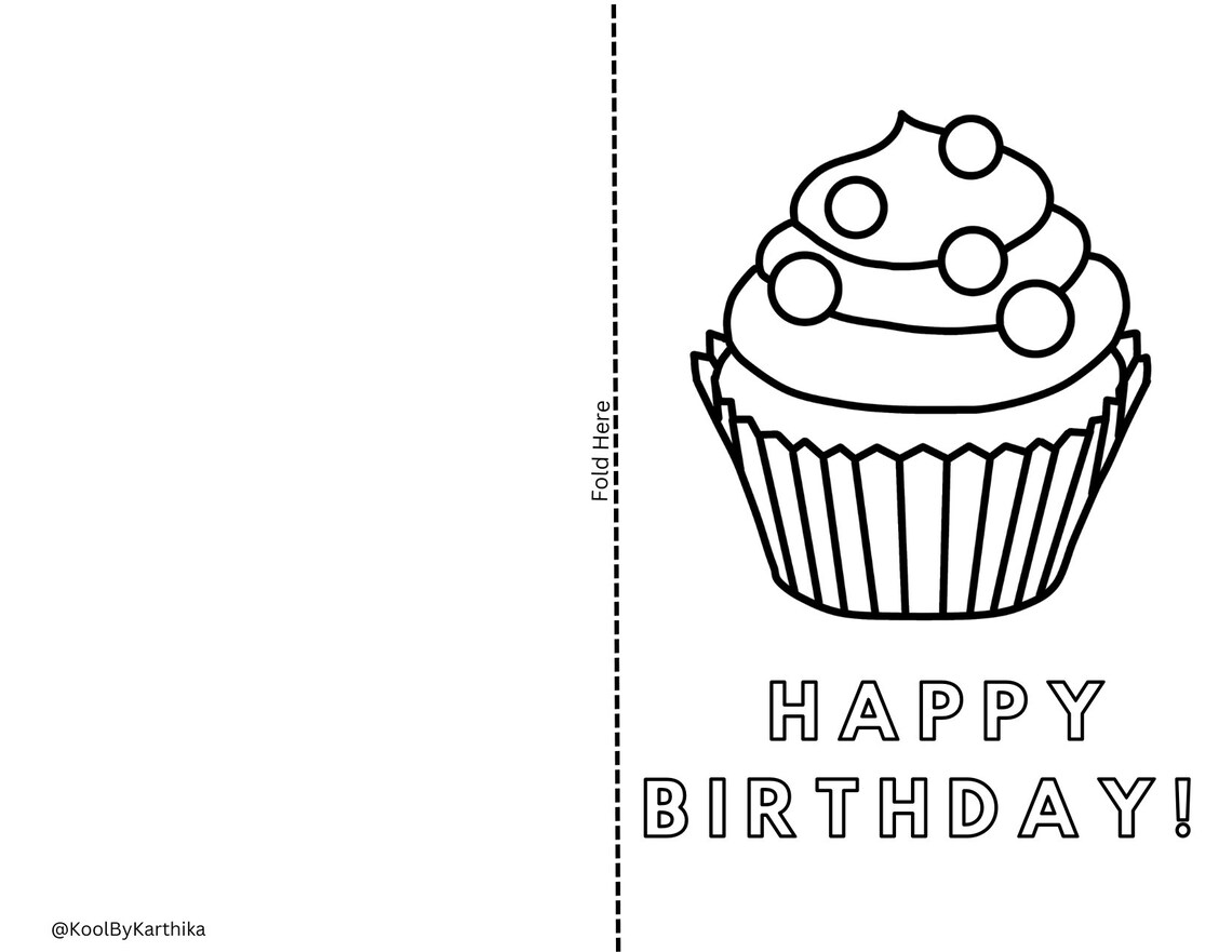Printable Kids Happy Birthday Coloring Card Cup Cake Birthday Card Kids ...