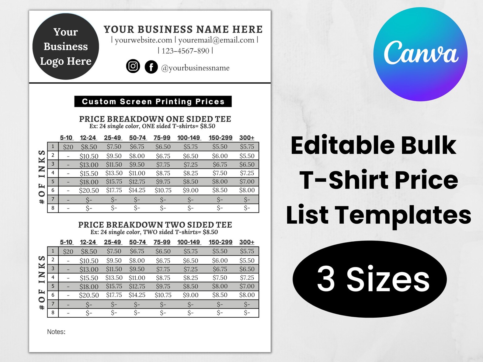 Canva Bulk Tshirt Price List Template Editable Canva Etsy