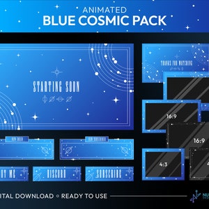 Blue Cosmic Animated Twitch Stream Overlay Package | Screens, Alerts, Overlay Set, Webcam and Chat box