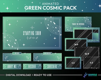 Green Cosmic Animated Twitch Stream Overlay Package | Screens, Alerts, Overlay Set, Webcam and Chat box