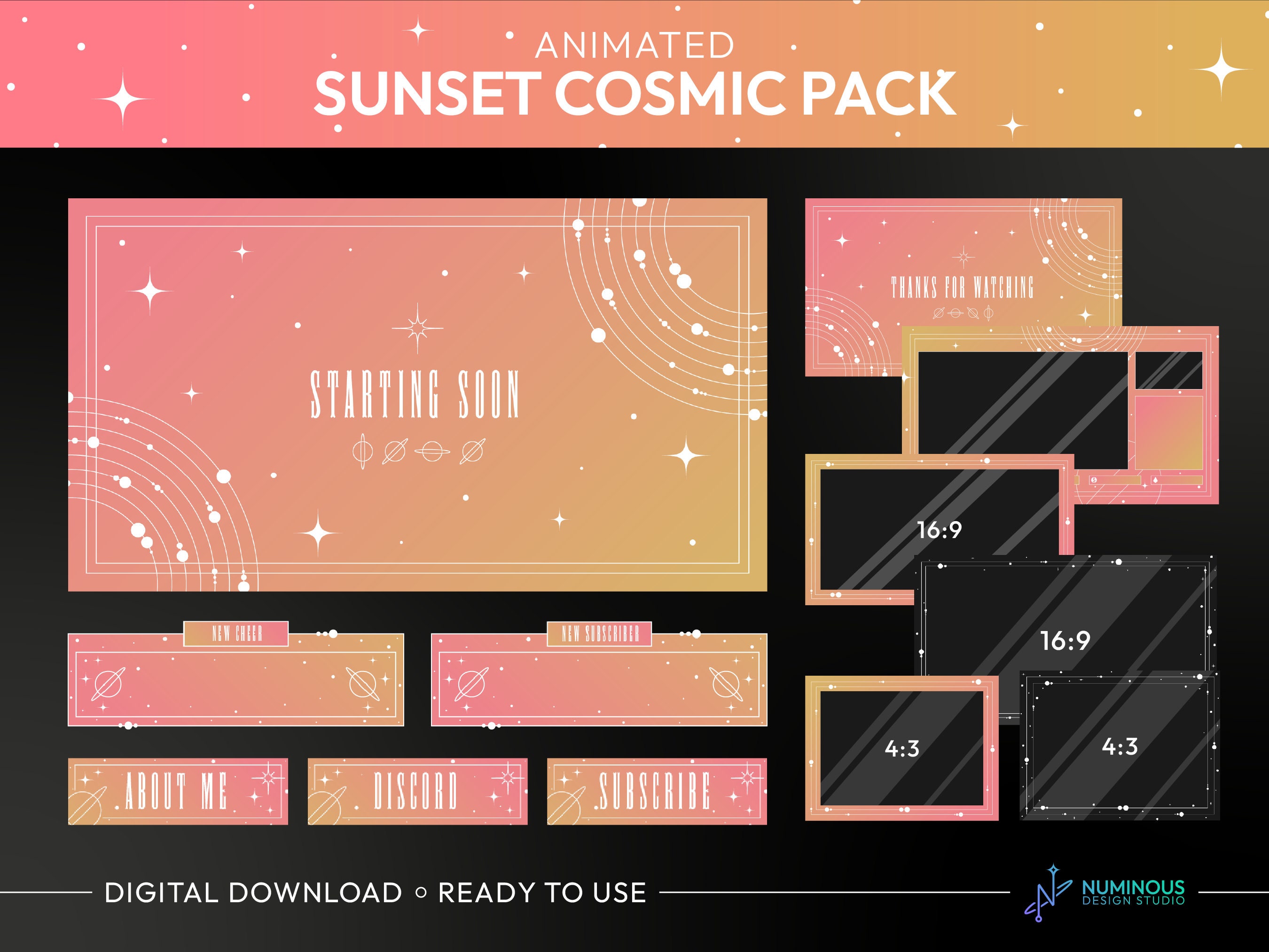 Sunset Cosmic Animated Twitch Stream Overlay Package| Screens, Alerts, Overlay Set, Webcam and Chat box