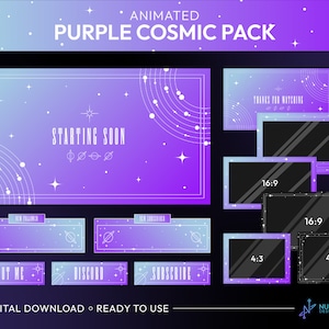 Purple Cosmic Animated Twitch Stream Overlay Package | Screens, Alerts, Overlay Set, Webcam and Chat box