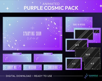 Paquete de superposición de transmisión de Twitch animada cósmica púrpura / Pantallas, alertas, conjunto de superposición, cámara web y cuadro de chat