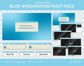 Paquete / pantallas, alertas, conjunto de superposición, cámara web y cuadro de chat de Windows MS Paint Twitch Stream azul animado