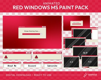 Paquete / pantallas, alertas, conjunto de superposición, cámara web y cuadro de chat de Windows rojo animado MS Paint Twitch Stream