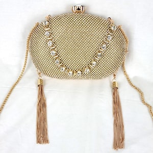 Clutch evening bag with rhinestone fringe with chain gold silver purse handbag jewels diamonds