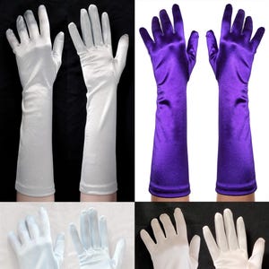 Pair of Medium Length Satin Evening Gloves, Multiple Colors for Formal Occasions, Opera, Costumes, measures 8in (20cm) below wrist G7288BL
