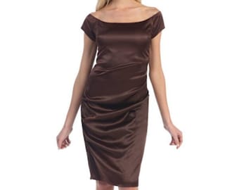 Chicas Knee length off the shoulder solid color satin short dress. 1014 XS-XL black brown ivory purple royal