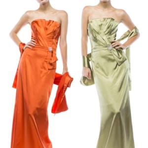 Long strapless satin crumb catcher dress with broche CHA705