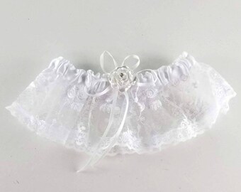 Wedding White Lingerie Garter Belt with rose and ribbon one size fits all ivory GA929