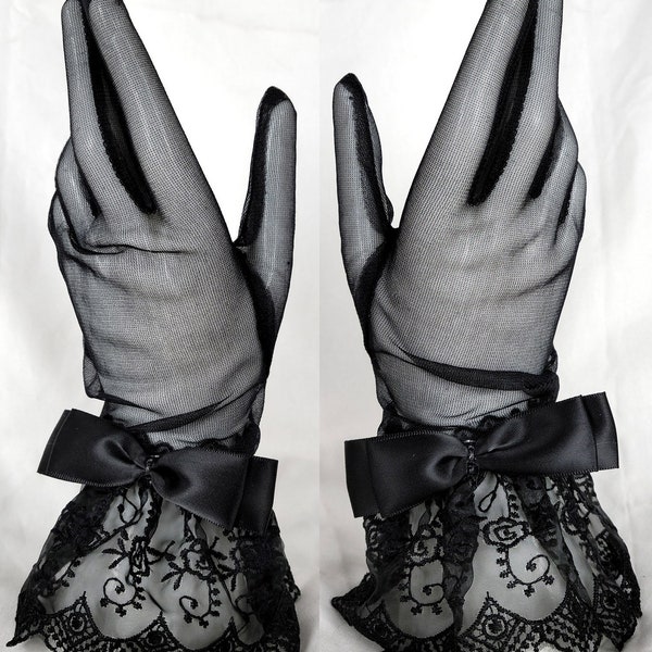 Pair of Sheer Lace Evening Gloves with jeweled bow, 3 Color Options Perfect for Formal Occasions, Opera, Costumes G11492BL black ivory white