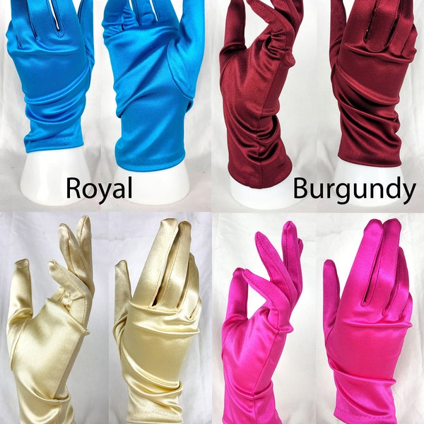 Pair of Satin Formal Occasion Evening Gloves, 23 Color Options. One size fits all, perfect for costumes and dresses G7282BL