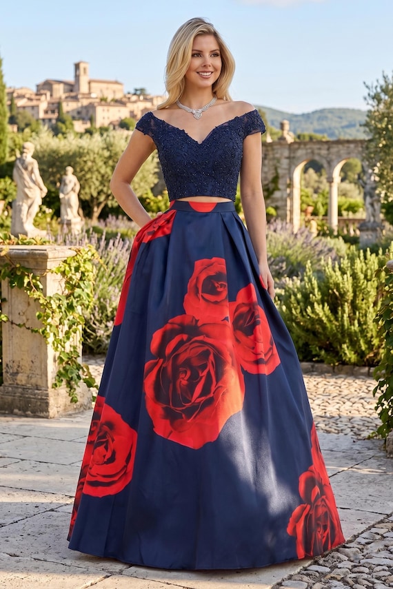 Two piece navy dress with printed red roses. Off the shoulder, bare midriff. Long/full/floor length, zipper back. LM8011