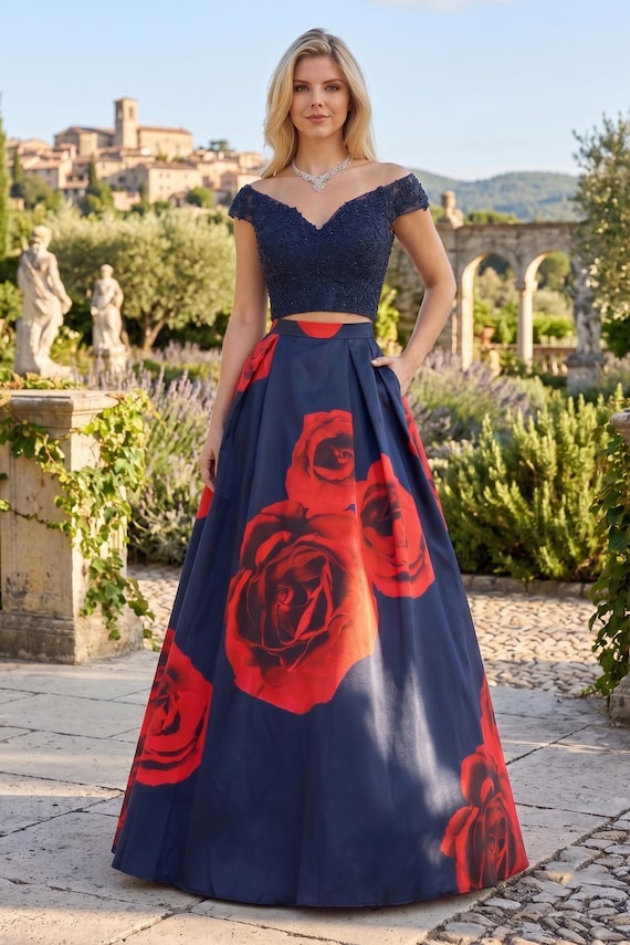blue and red formal dress Two piece navy with printed roses. Off the shoulder, bare midriff. Long/full/floor length, zipper back. LM8011 red and blue dress combination