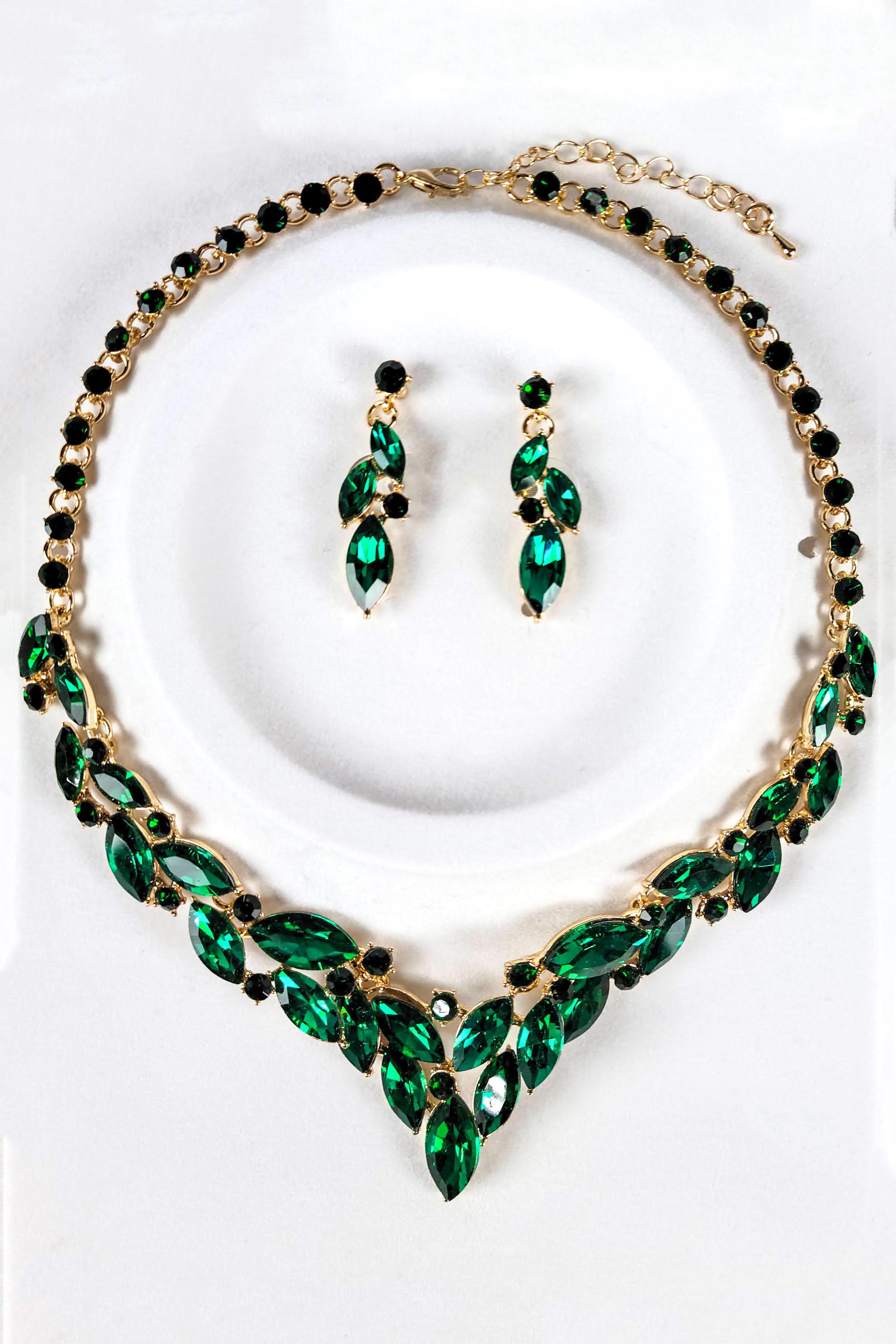 Parure De Bijoux Vintage : Collier Et Boucles D'oreilles Or & Vert Avec Cristaux - État Bon
