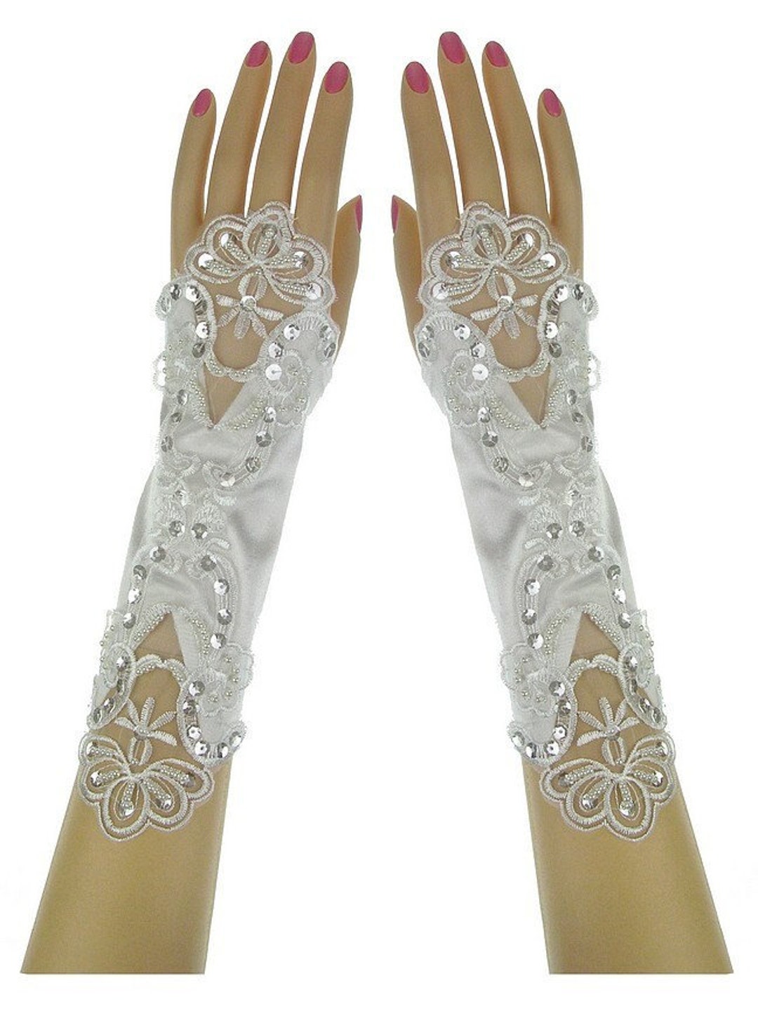Vintage Style Sheer Glitter Nylon Mesh Fingerless Opera Evening Glove - Silver main image 1