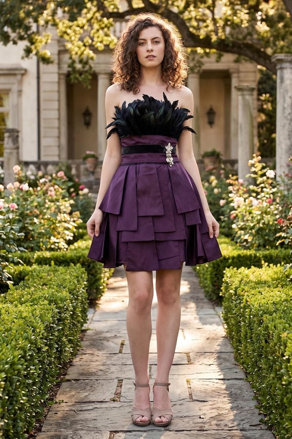 moontrait layered dress Short Taffeta Cocktail With Skirt and Feather Accents, Featuring Side Zipper and Removable Broach. C1304 layered gown dress