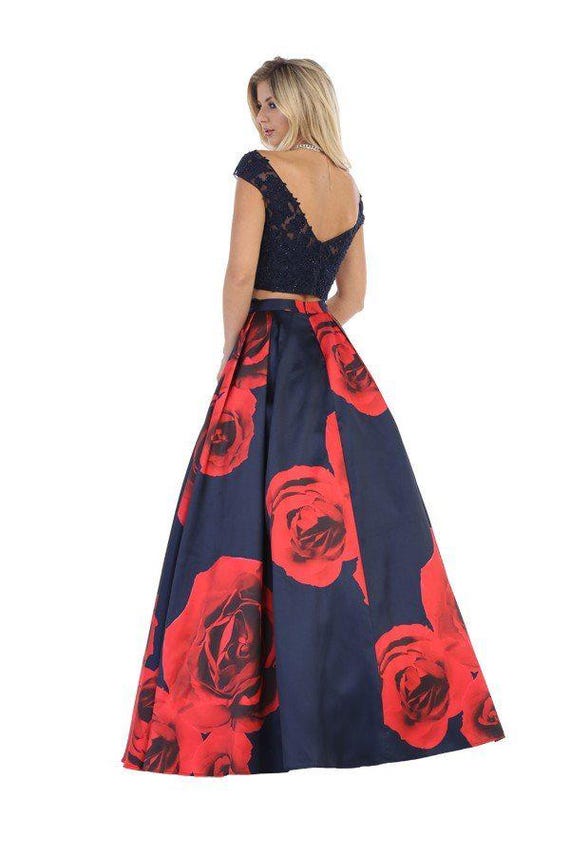 red and navy blue combination dress Two piece with printed roses. Off the shoulder, bare midriff. Long/full/floor length, zipper back. LM8011 neck style