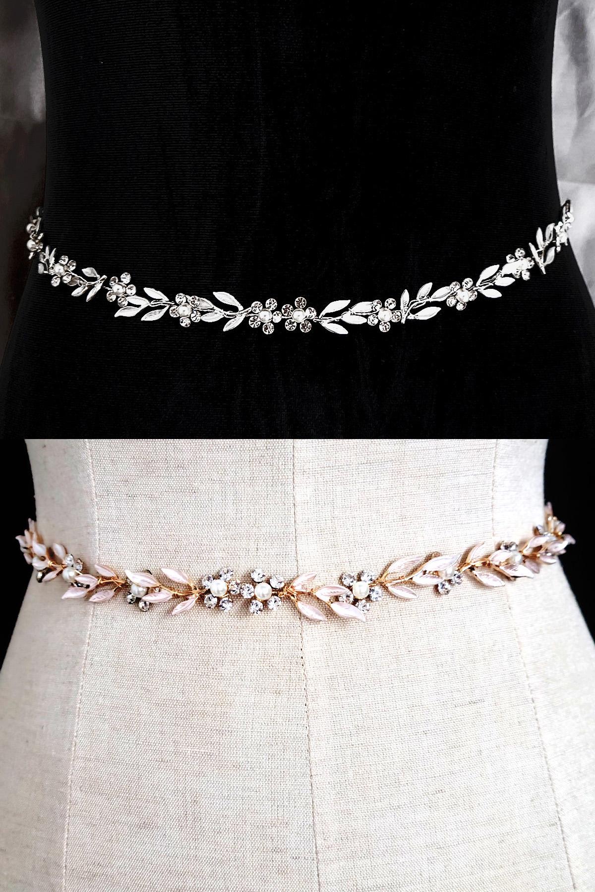 Crystal jewel belt with flowers and petals, rhinestones, and tie on/lace up ivory sashes, available in gold, silver, one size fits all 59215