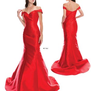 May include: A red off-the-shoulder mermaid style gown with a sweetheart neckline. The dress is made of a smooth, satin-like fabric. CC3016. Red.