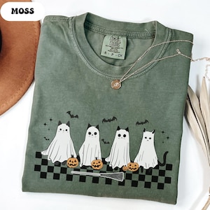Halloween Black Cat & Ghost Comfort Colors Shirt, Halloween Ghost Tshirt, Spooky Season Cat Tee, Halloween Cute Women Outfit, Halloween Gift