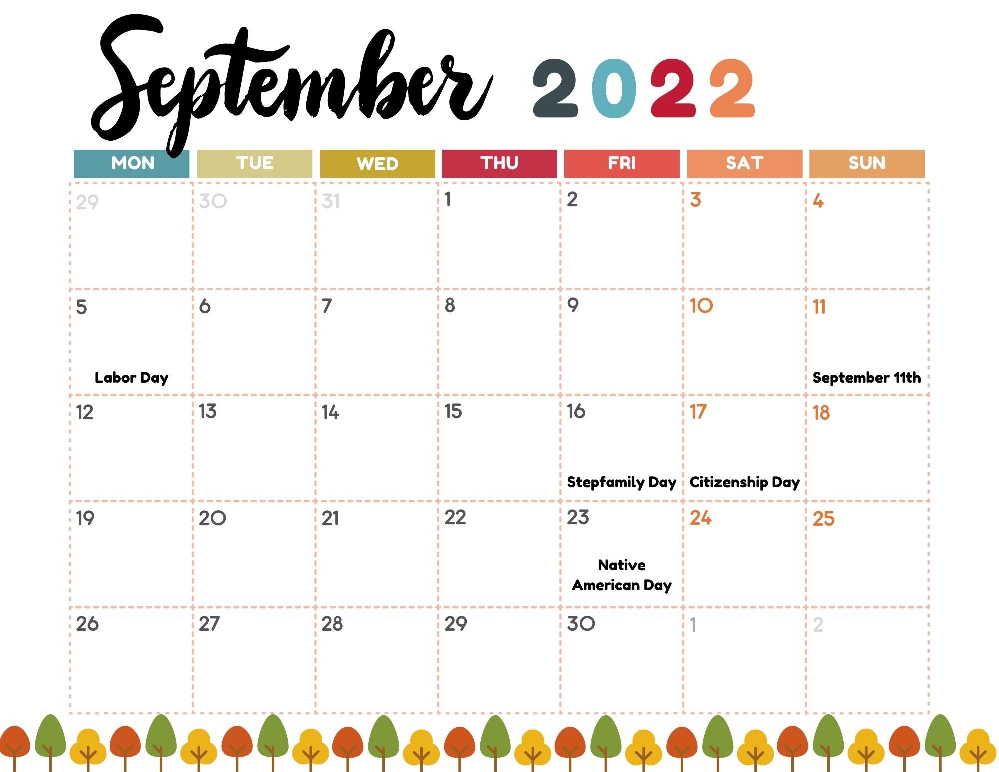 September printable calendar holidays etsy