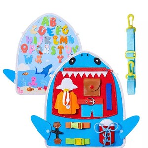 Tablero de actividades de tiburón PERSONALIZADO, regalo de cumpleaños, portátil de viaje, Montessori, juguetes de verano, regalo para niños pequeños, tablero de actividades, juguetes para autismo