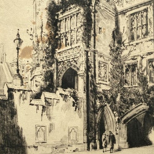 May include: A black and white etching of a stone building with an arched doorway. The building is covered in ivy and has a tower on the left side. Two figures are walking through the doorway.