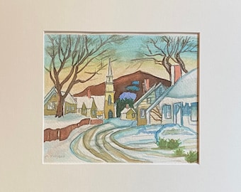 Watercolor Painting Original, Canada Winter Landscape, Ready to Hang 11 x 14, Gold Frame, Vintage, Quiet Elegance