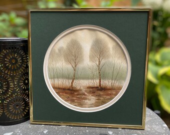 Abstract Watercolor, Vintage Original, Birch Trees, Round Mat, Ready to Hang, Mini 10 x 10, Vintage Painting, Green Gold