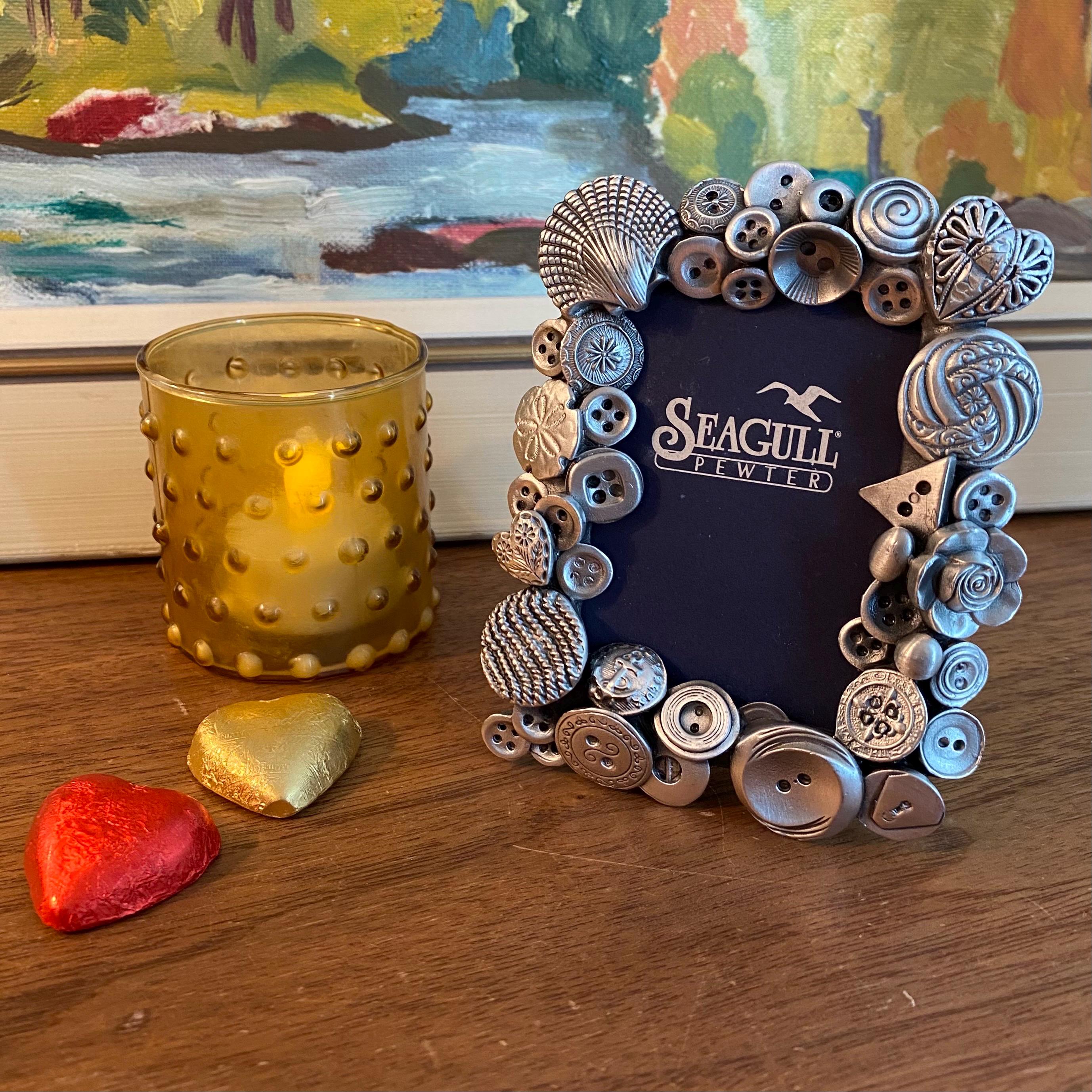 Pewter Silver Mini Picture Frame, Buttons and Shells, Vintage