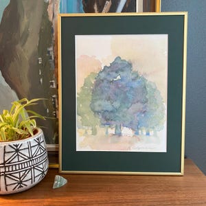 Abstract Trees Watercolor Original Painting, Forest Hunter Green, Gold Frame, Ready to Hang 11 by 14, One of a Kind Vintage