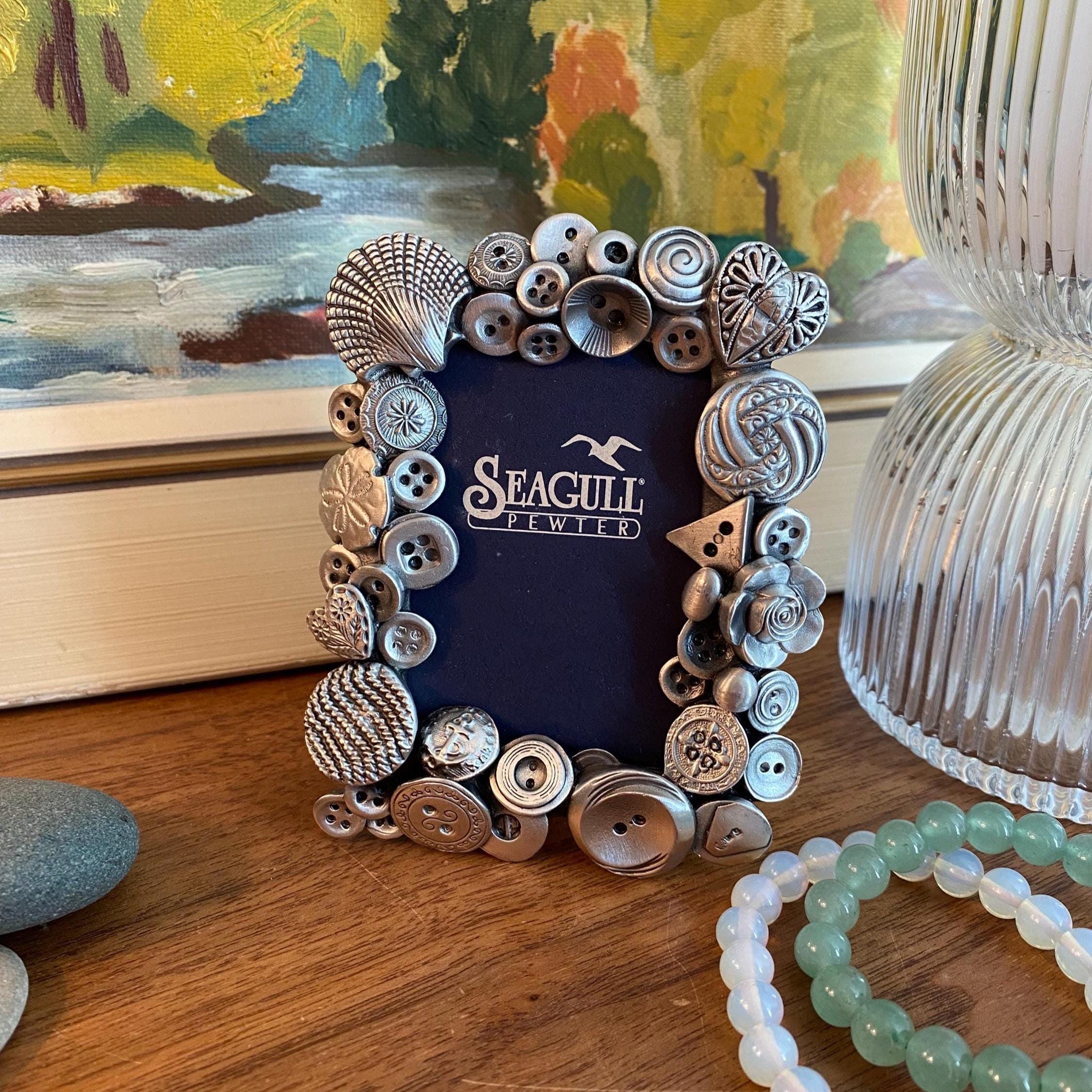 Pewter Silver Mini Picture Frame, Buttons and Shells, Vintage