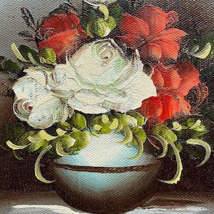 Vintage Painting of Roses in a Vase, Signed Jan Hellen, Mini Original, Framed 9 x 11