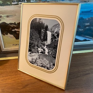 May include: A black and white photograph of a waterfall in a woodland setting. The photo is framed in a gold-coloured frame with a cream-coloured mount.