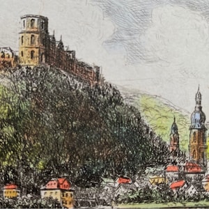 May include: A vintage illustration depicting a European town with a large castle perched on a hill overlooking the town. The castle features a tall tower and is surrounded by trees. The town below has numerous buildings, including a church with a tall spire.
