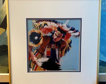 First Nations Dancer Print, Signed Dana Lea, Vintage Framed Wall Art, 12x12