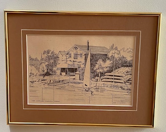 Grabado vintage en blanco y negro, Alan Kingsland, obra de arte coleccionable enmarcada, velero Harbour Granary, 12 x 16