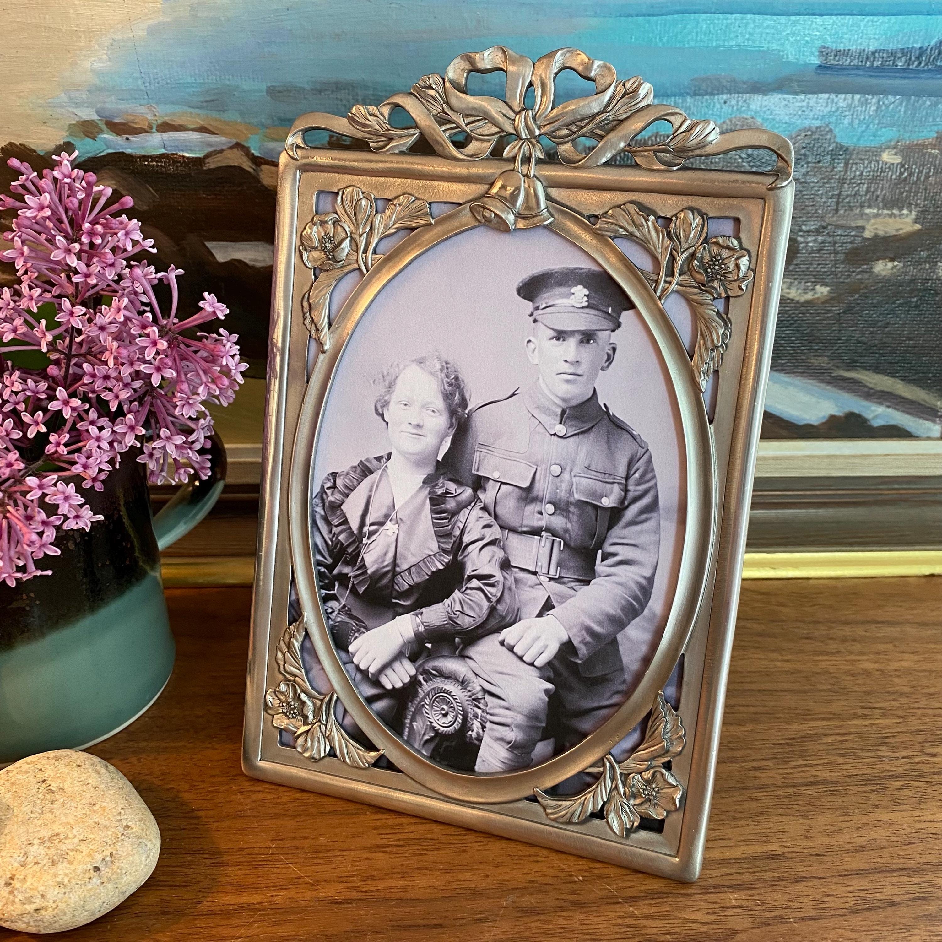Vintage Pewter Picture Frame, Ornate Oval, Photo 5 by 7, Fine