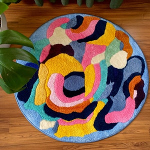 Joy Of Harmony Rug, Handmade Colorful Rug, Modern Circle Rug, Tufted Area Rug, Blue Rug, Aesthetic Rug for Bedroom, Tufting Custom Rug image 2