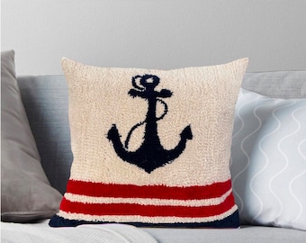 Anchor Blue Pillow, Boat Pillow Cover, Nautical Decorative Pillow, Blue Decorative Yacht Cushions, Cushions White Cover, Punch Needle Pillow