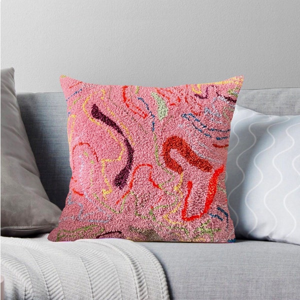 Flow Pillow, Punch needle Pillow ,Colorful Pillow, Hand Tufted Living Room Decor, Decorative and Aesthetic Pillow, Handmade, Pink Pillow